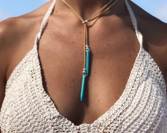 Turquoise Leather Lariat Necklace, Boho Summer Jewelry