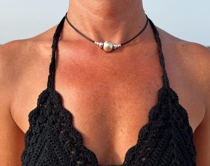 Silver Bead Leather Choker Necklace: Handmade Boho Jewelry