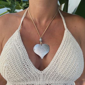 Boho Heart Pendant Necklace: Hammered Silver & Adjustable Leather
