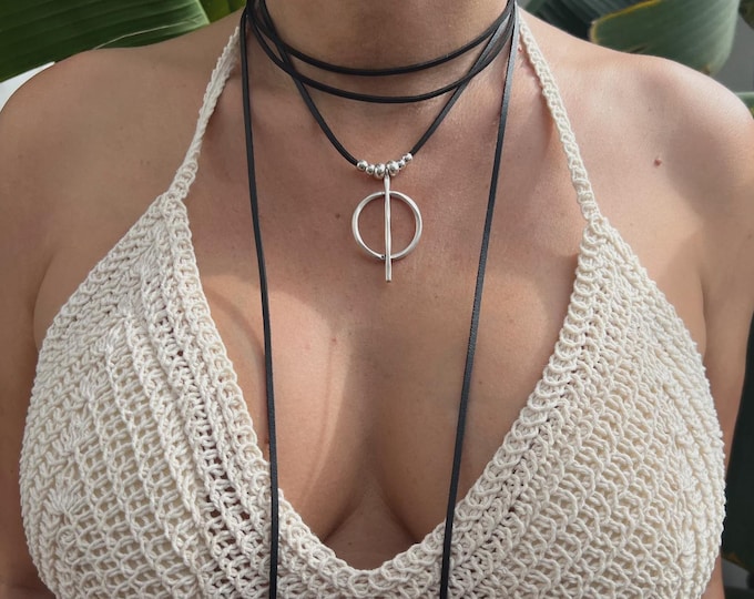 Silver Circle Leather Wrap Necklace: Handmade Boho Choker, Customizable