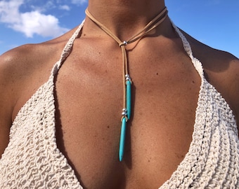 Collar largo de cuero turquesa: joyería boho de plata hecha a mano