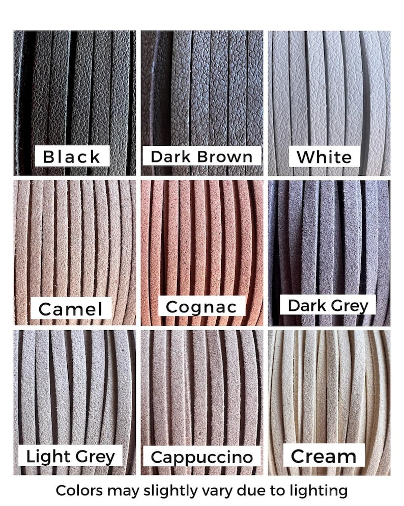 Puede incluir: Una carta de colores que muestra nueve colores de cord&oacute;n de cuero de gamuza: negro, marr&oacute;n oscuro, blanco, camel, co&ntilde;ac, gris oscuro, gris claro, capuchino y crema. El texto "Colors may slightly vary due to lighting" est&aacute; en la parte inferior.