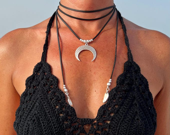 Handmade Leather Wrap Necklace: Silver Hammered Moon Pendant, Bohemian Jewelry