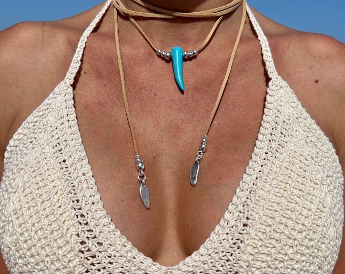 Turquoise Leather Wrap Necklace Boho Layering Necklace Custom Length