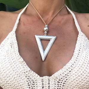 Ethnic Leather Necklace: Silver Triangle Pendant, Adjustable Boho Jewelry