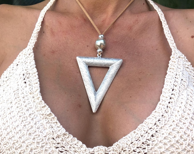 Ethnic Leather Necklace: Silver Triangle Pendant, Adjustable Boho Jewelry