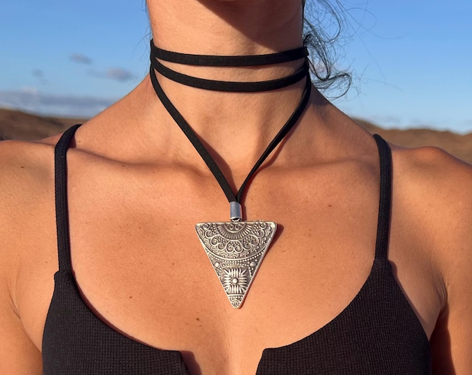Boho Leather Wrap Necklace, Silver Triangle Pendant, Bohemian Jewelry