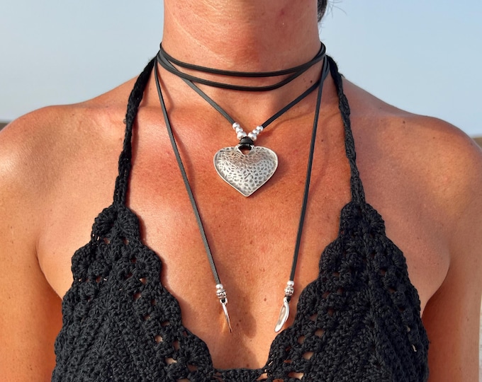 Boho Leather Wrap Necklace: Silver Hammered Heart Pendant