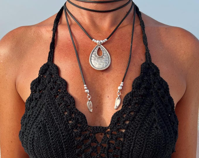Boho Leather Wrap Necklace: Silver Teardrop Pendant, Handmade Jewelry