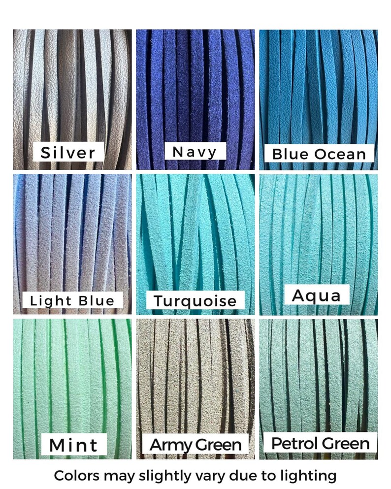 Puede incluir: Primer plano de nueve muestras de cord&oacute;n de ante en varios colores. Los colores incluyen plata, azul marino, azul oc&eacute;ano, azul claro, turquesa, aguamarina, menta, verde militar y verde petr&oacute;leo. El texto en la parte inferior dice: "Los colores pueden variar ligeramente debido a la iluminaci&oacute;n."