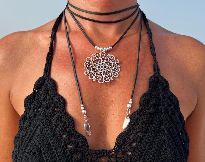 Silver Mandala Necklace: Leather Cord Boho Jewelry