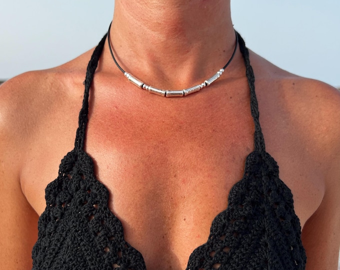 Silver Beaded Leather Choker: Handmade Boho Necklace