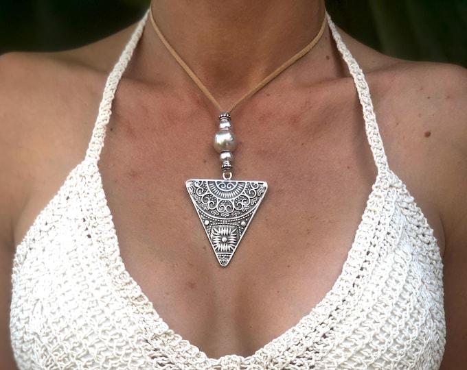 Long Leather Necklace: Sterling Silver Triangle Pendant, Boho Jewelry