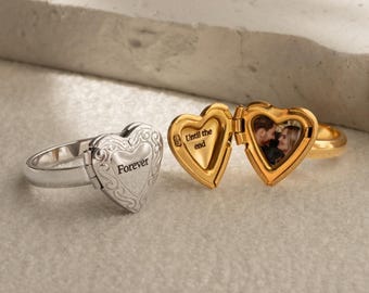 Heart Locket Ring with Photo, Heart Locket Ring, Gold Locket Ring, Memorial Ring, Picture Locket, Antique Ring Locket Jewelry,Valentine Gift