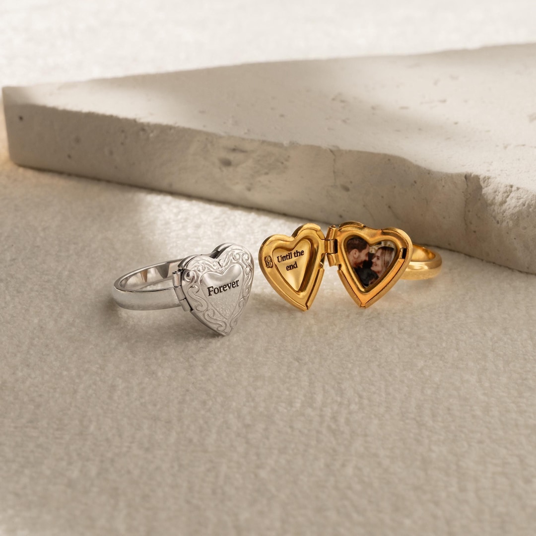 Anillo con medallón de corazón con foto, anillo con medallón de