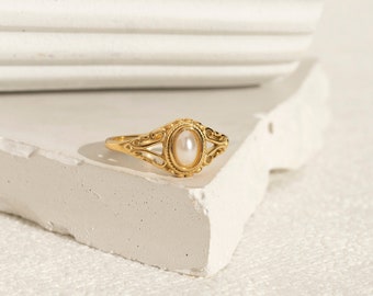 Anillo de oro retro perla, anillo de perla victoriana, anillo de oro perla de agua dulce, anillo de declaración delicada, anillo de perla minimalista para mujeres