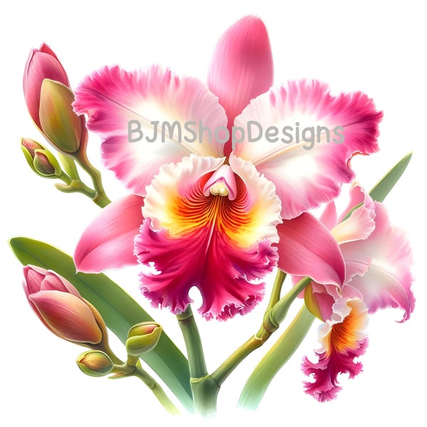 Pink Cattleya orchid, Clipart, Art print decor, Wall art, Card making, Printable clipart, 12 High-Quality PNGs (300 dpi), Commercial Use,