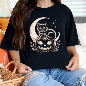 Halloween Comfort Colors Shirt, Cute Kitten Pumpkin Moon Tee, Womens Cat Halloween Shirt, Spooky Season Top, Fall Gift