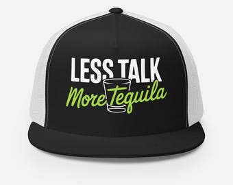 Flat Bill Trucker Hat – Less Talk More Tequila Snapback Mesh Cap – Funny Cinco de Mayo Party Hat for Beach, Tacos & Tequila Vibes