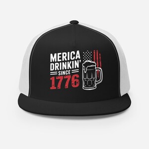 4th of July Trucker Hat – Merica Drinkin’ Since 1776 – Patriotic Mesh Snapback Cap