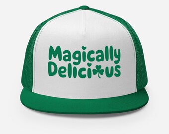 St. Patrick's Day Trucker Hat – Magically Delicious – Green Mesh Cap with Shamrock Design