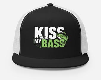 May include: Black and white trucker hat with a green fish graphic and the text "Kiss My Bass".