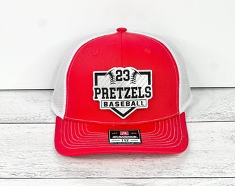 Personalized Baseball Team Hat - Vegan Leather Patch Cap with Player's Team and Number