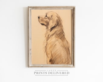 Moody Golden Retriever Art Print Drawing - Fine Art, Semi-Glossy & Matte Finish Paper - Big Dog Sketch Artwork - Pet Portrait Home Decor