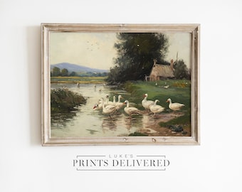 Country Lake Oil Painting Art Print - Vintage Farmhouse Duck Landscape - Fine Art, Semi-Gloss & Matte Finish Paper Wall Decor