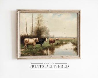 Cow Landscape Art Print - Vintage Style Countryside Oil Painting - Fine Art, Semi-Gloss & Matte Finish Paper - Farmhouse Cattle Artwork