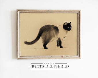 Siamese Cat Drawing Art Print - Shorthair Cat Sketch Artwork - Fine Art, Semi-Glossy & Matte Finish Wall Decor Print