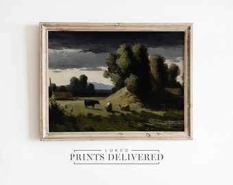 Country Landscape Art Print - Rustic Cow Oil Painting - Farmhouse Cattle Wall Decor - Fine Art, Semi-Gloss & Matte Finish Paper Artwork