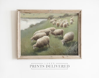 Sheep Landscape Oil Painting Art Print - Rustic Farmhouse Wall Decor - Vintage Country Artwork - Fine Art, Semi-Gloss & Matte Finish Paper