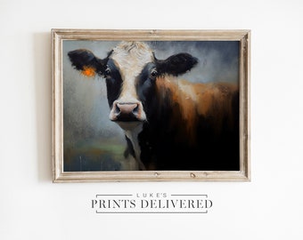 Koe schilderij Art Print - Rustieke stijl platteland muur decor - Schone kunsten, halfglanzende en matte afwerking papieren kunstwerk - boerderij vee portret