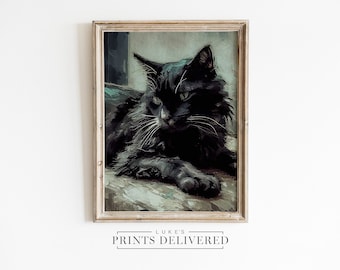 Black Cat Portrait Painting Art Print - Dark Witchy Cute Pet Wall Decor - Fine Art, Semi-Glossy & Matte Finish Paper Artwork