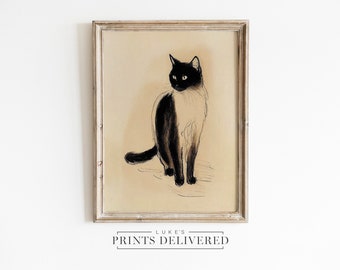 Siamese Cat Art Print - Black Cat Drawing Artwork - Fine Art, Semi-Glossy & Matte Finish Wall Decor Sketch