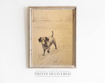 Walking Dachshund Portrait Art Print - Rustic Dog Sketch Decor - Fine Art, Semi-Glossy & Matte Finish Papers - Vintage Small Pet Drawing