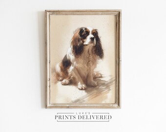 Cavalier King Charles Spaniel Portrait Print - Fine Art, Semi-Glossy & Matte Finish Wall Decor - Sitting Pet Dog Painting Wall Decor