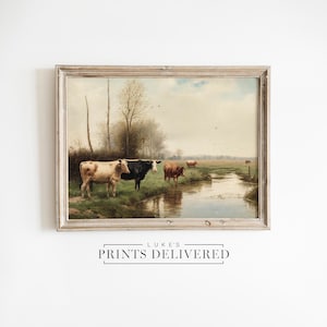 Cow Landscape Art Print - Vintage Style Countryside Oil Painting - Fine Art, Semi-Gloss & Matte Finish Paper - Farmhouse Cattle Artwork