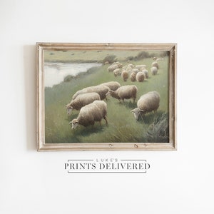 Sheep Landscape Oil Painting Art Print - Rustic Farmhouse Wall Decor - Vintage Country Artwork - Fine Art, Semi-Gloss & Matte Finish Paper