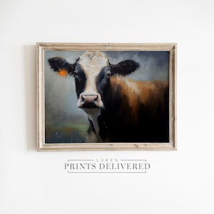Cow Painting Art Print - Rustic Style Countryside Wall Decor - Fine Art, Semi-Gloss & Matte Finish Paper Artwork - Farmhouse Cattle Portrait