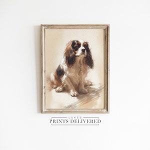 Cavalier King Charles Spaniel Portrait Print - Fine Art, Semi-Glossy & Matte Finish Wall Decor - Sitting Pet Dog Painting Wall Decor