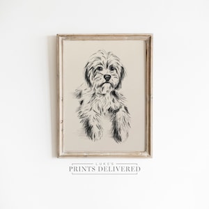 May include: A framed black and white sketch of a fluffy dog with a neutral background. The dog is facing forward with a focused expression. The frame is a light, distressed wood. The text "LUKE'S PRINTS DELIVERED" is at the bottom.