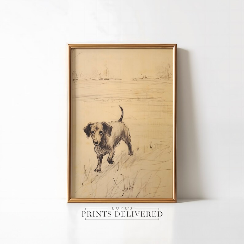 Walking Dachshund Portrait Art Print - Rustic Dog Sketch Decor