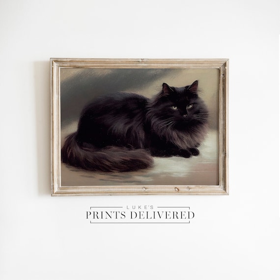 Moody Black Cat Art Print - Painted Cute Pet Portrait - Semi-Glossy, Fine Art & Matte Paper - Fluffy Cat Artwork