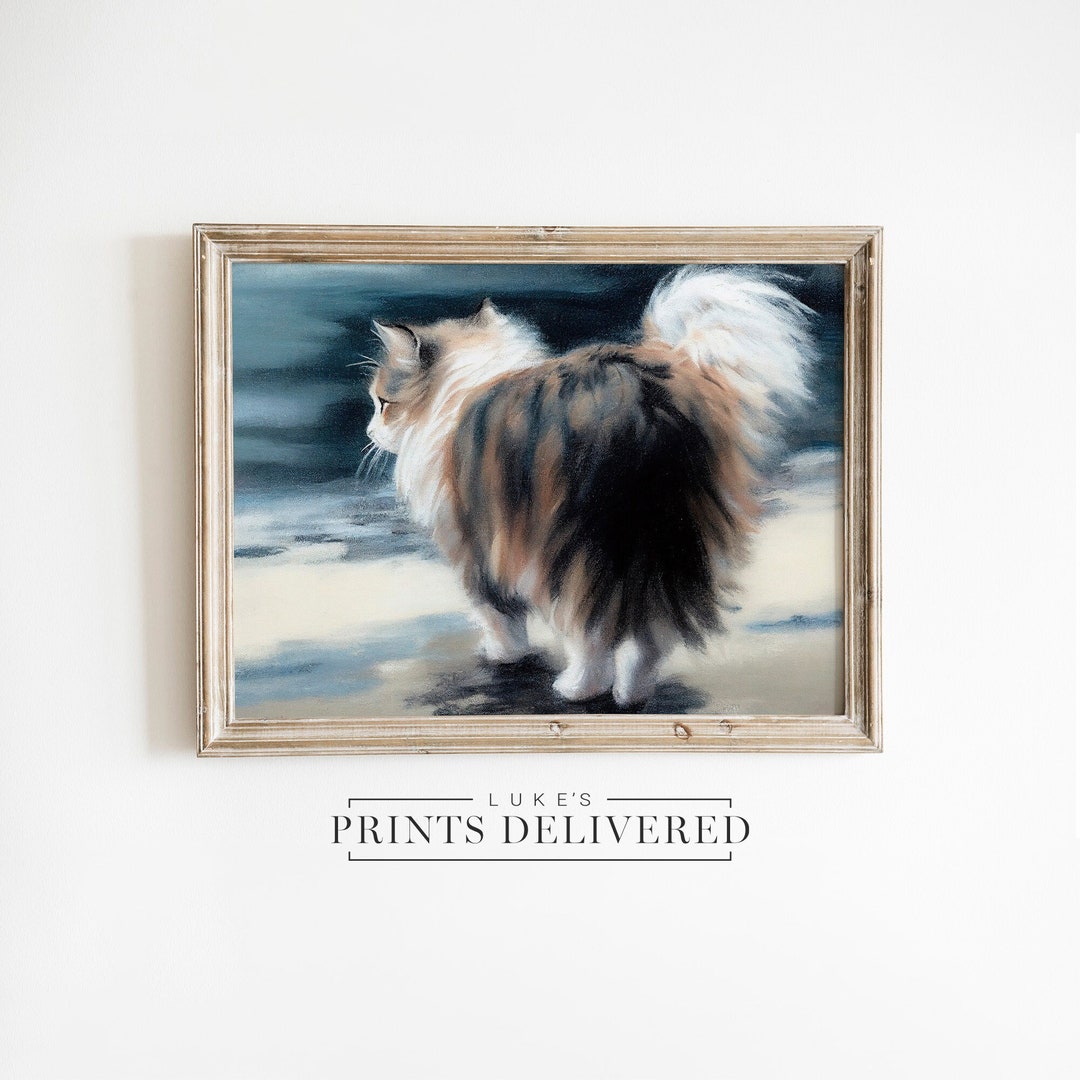 Fluffy Cat Painting Art Print - Cute Pet Portrait Wall Artwork - Semi ...