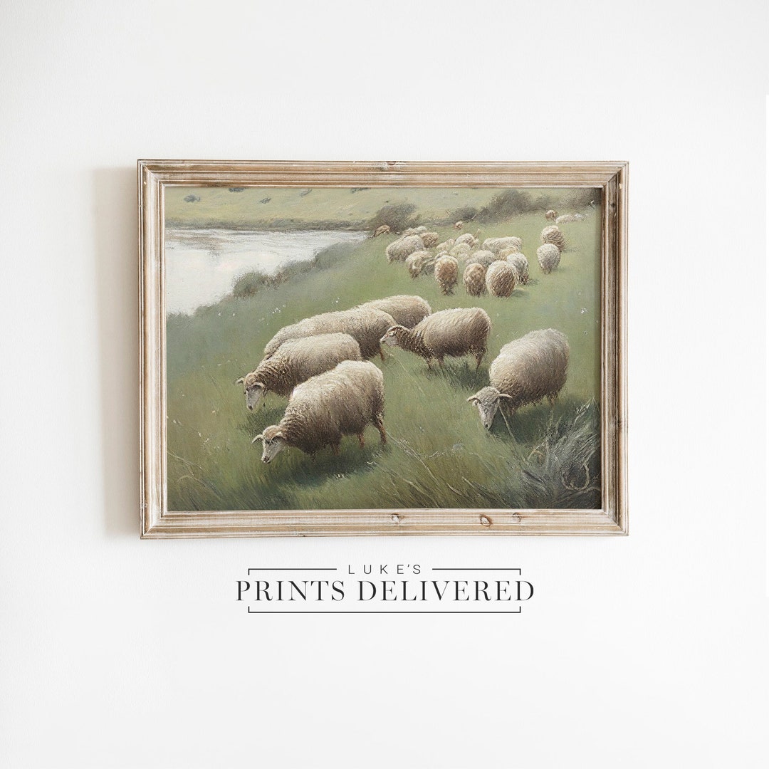 Sheep Landscape Oil Painting Art Print - Rustic Farmhouse Wall Decor ...