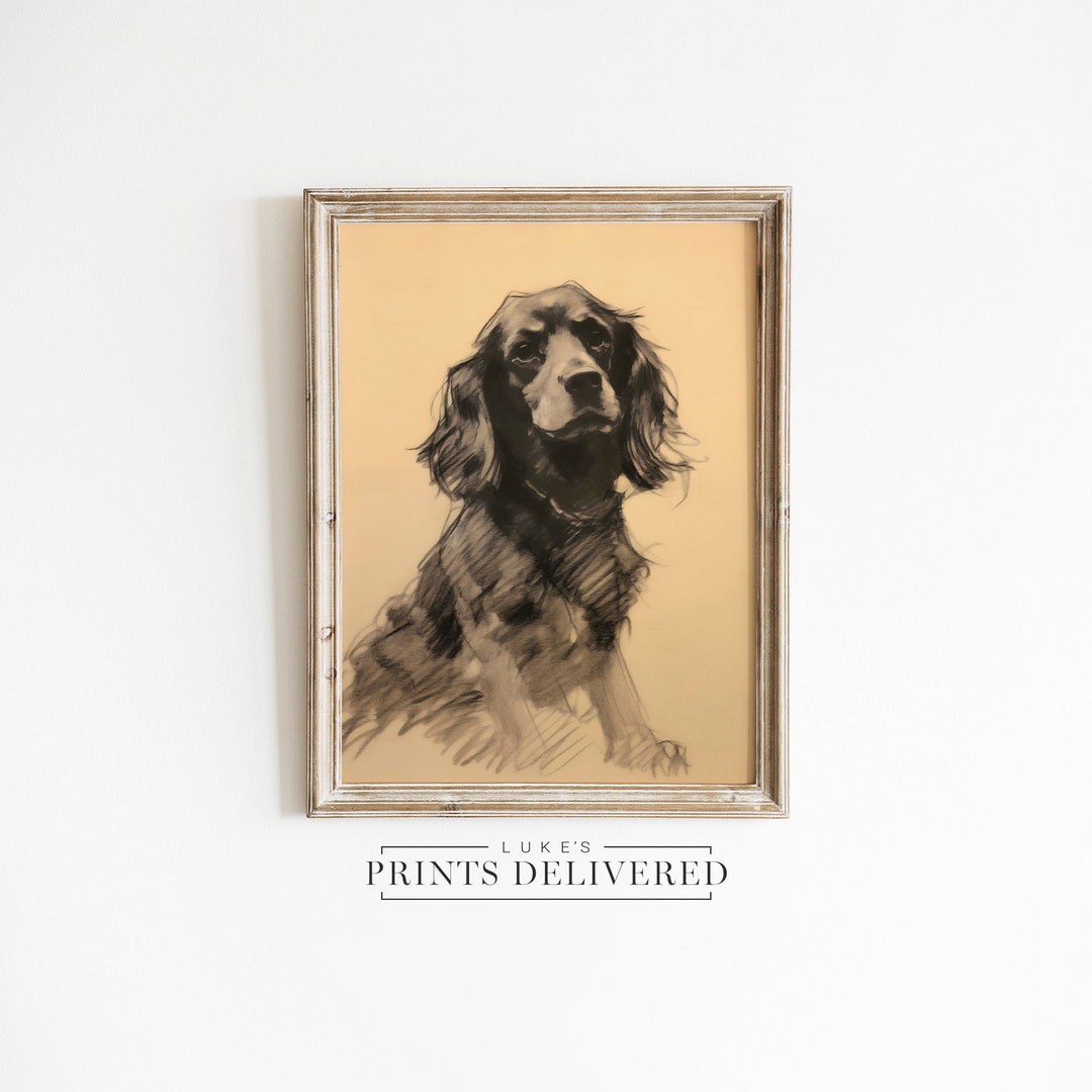 Black English Spaniel Sketch Art Print - Rustic Style Dog Drawing ...