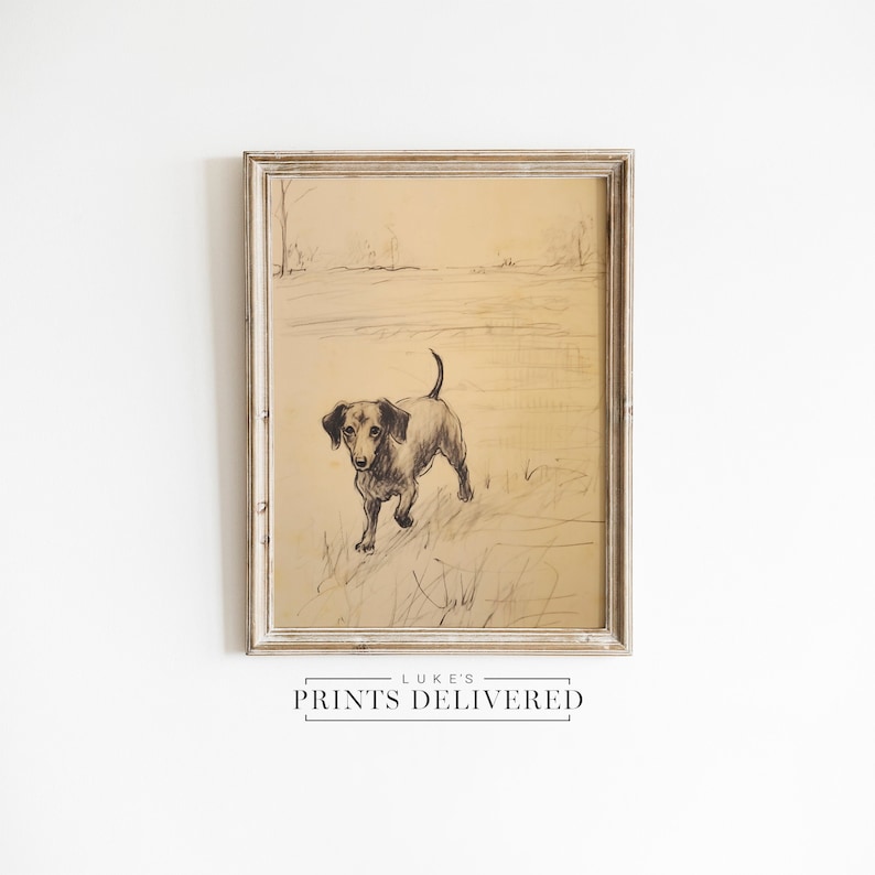 Walking Dachshund Portrait Art Print - Rustic Dog Sketch Decor