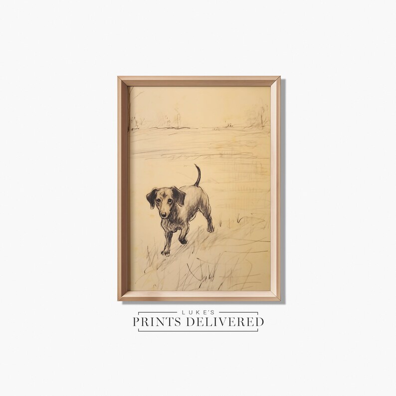 Walking Dachshund Portrait Art Print - Rustic Dog Sketch Decor